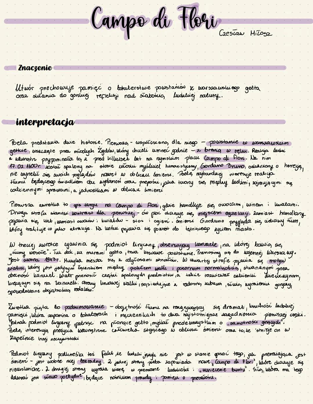 # Campo di Flori
Czesław Miłosz

Znaczenie
Utwór prechowuje pamięć o bohaterstwie powstańców z warszawskiego getta
oraz slučania do gonluej 