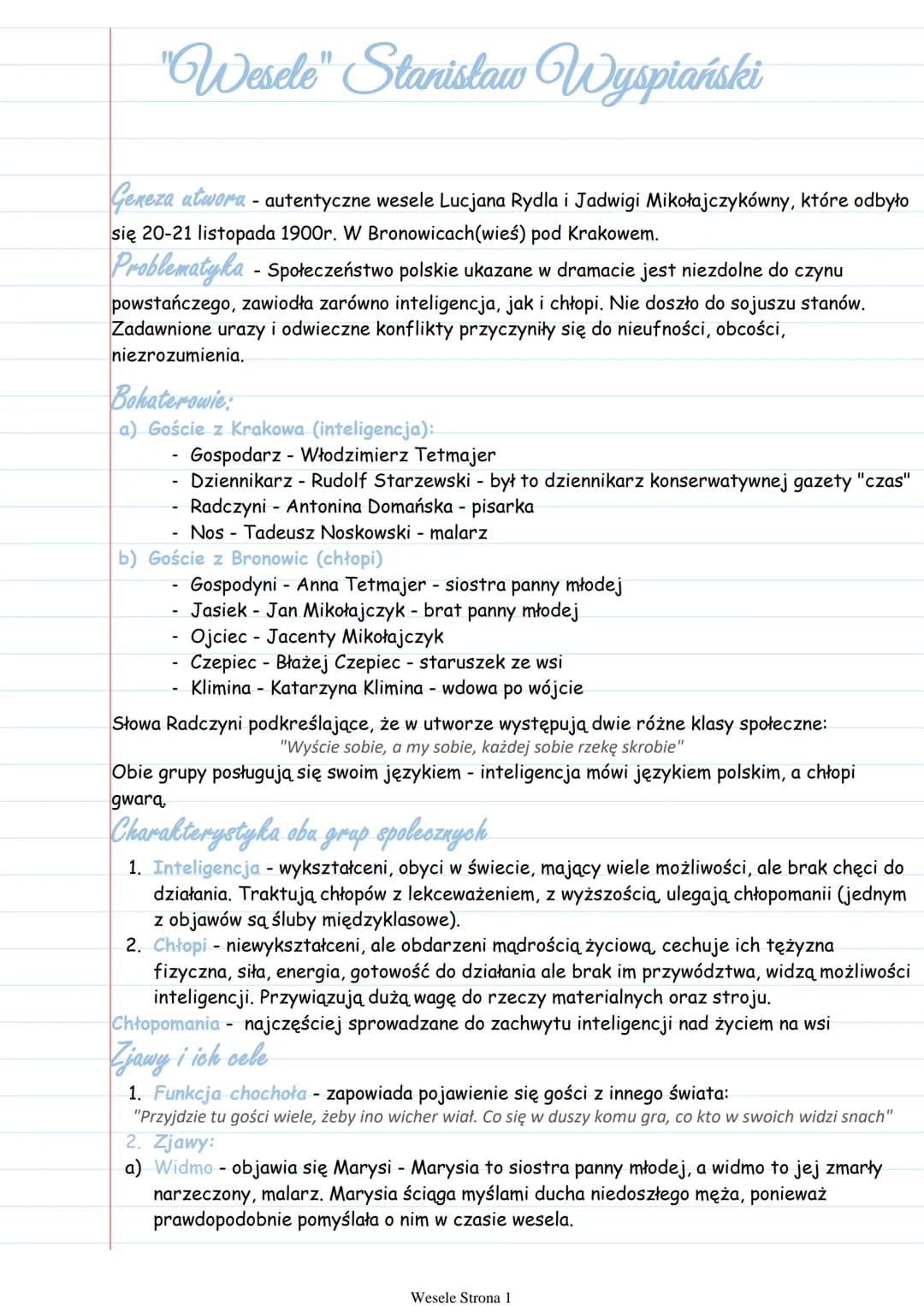 "Wesele" Stanislaw Wyspiański
Geneza utwora - autentyczne wesele Lucjana Rydla i Jadwigi Mikołajczykówny, które odbyło
się 20-21 listopada 1