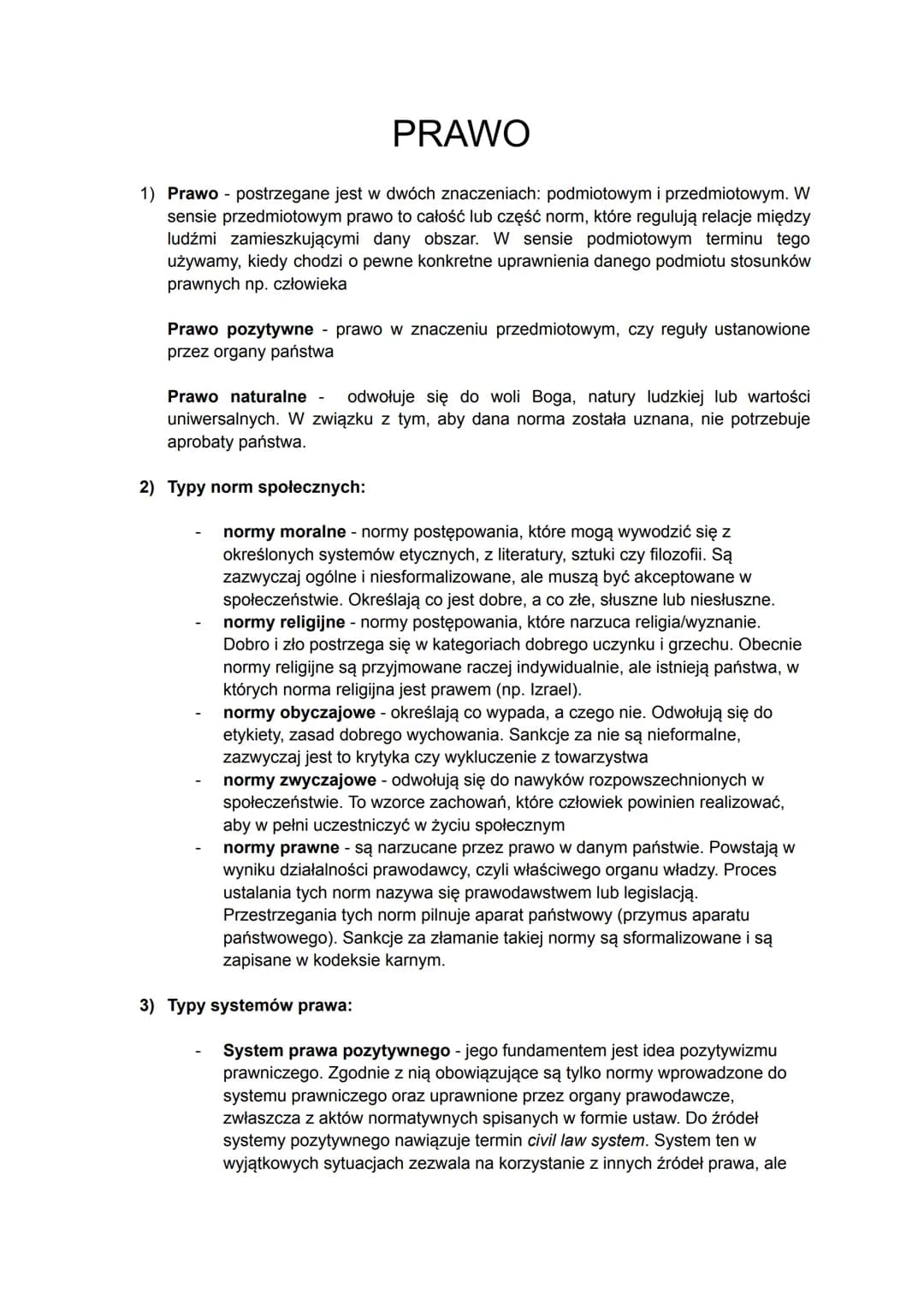 PRAWO
1) Prawo - postrzegane jest w dwóch znaczeniach: podmiotowym i przedmiotowym. W
sensie przedmiotowym prawo to całość lub część norm, k