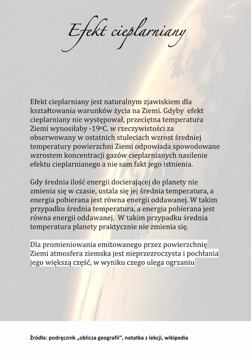 Efekt cieplarniany
Efekt cieplarniany to zjawisko podwyższenia temperatury
planety przez obecne w jej atmosferze gazy cieplarniane.
Zmiany p