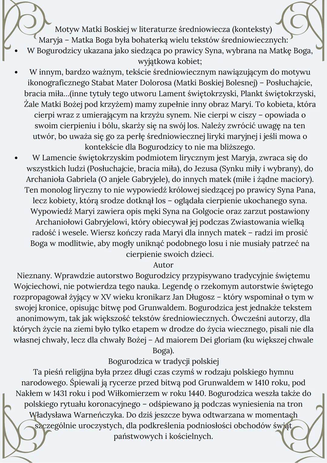 BOGURODZICA
Bogurodzica dziewica,
Bogiem sławiena Maryja!
U twego Syna Gospodzina
matko zwolena, Maryja!
Zyszczy nam, spuści nam.
Kyrieleiso