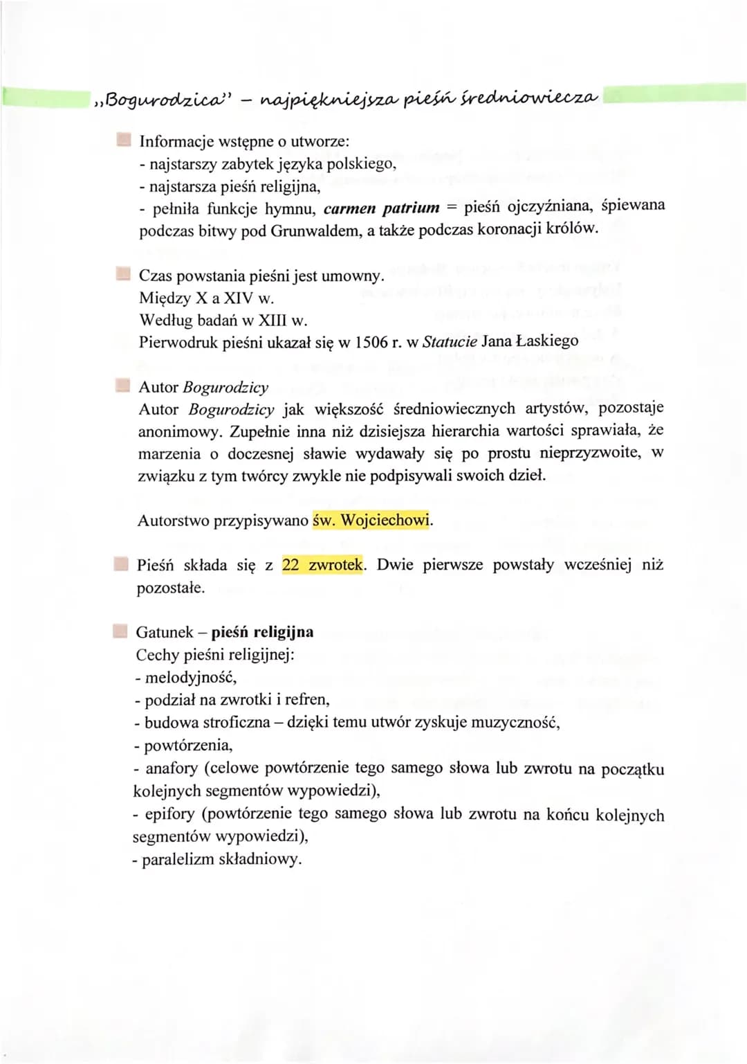 ,,Bogurodzica" najpiękniejsza pieśń średniowiecza
Informacje wstępne o utworze:
- najstarszy zabytek języka polskiego,
- najstarsza pieśń re
