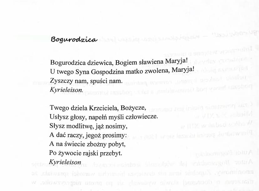 ,,Bogurodzica" najpiękniejsza pieśń średniowiecza
Informacje wstępne o utworze:
- najstarszy zabytek języka polskiego,
- najstarsza pieśń re
