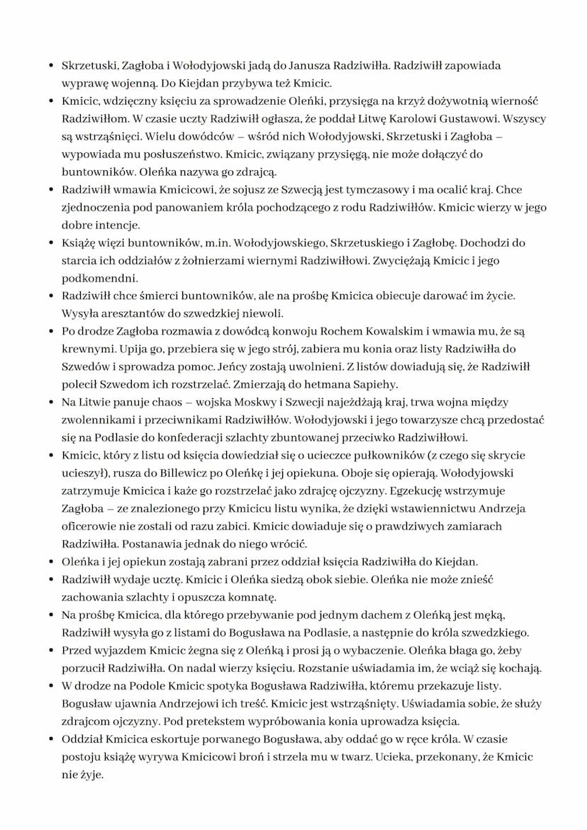 
<p>Testament Herakliusza Billewicza, dziad Aleksandry, mówi o decyzji, że Oleńka ma zostać żoną Andrzeja Kmicica, który dziedziczy majątek,