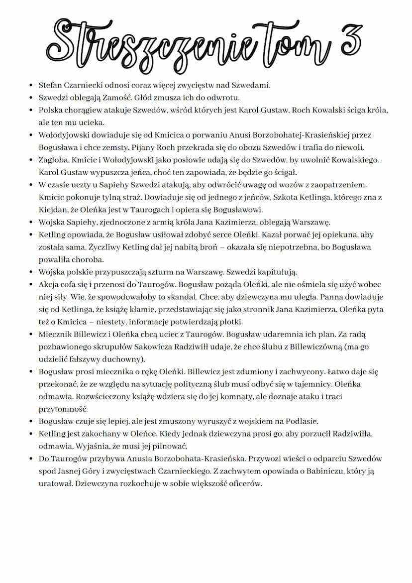 
<p>Testament Herakliusza Billewicza, dziad Aleksandry, mówi o decyzji, że Oleńka ma zostać żoną Andrzeja Kmicica, który dziedziczy majątek,