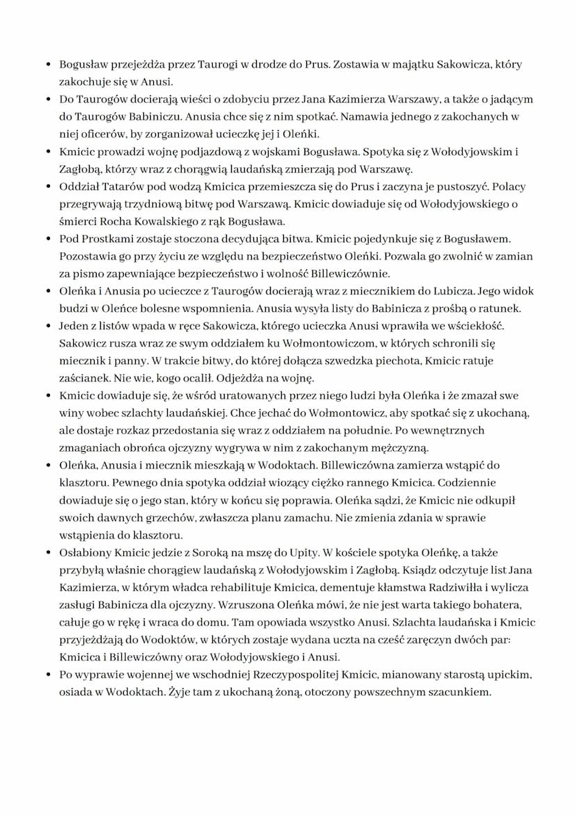 
<p>Testament Herakliusza Billewicza, dziad Aleksandry, mówi o decyzji, że Oleńka ma zostać żoną Andrzeja Kmicica, który dziedziczy majątek,