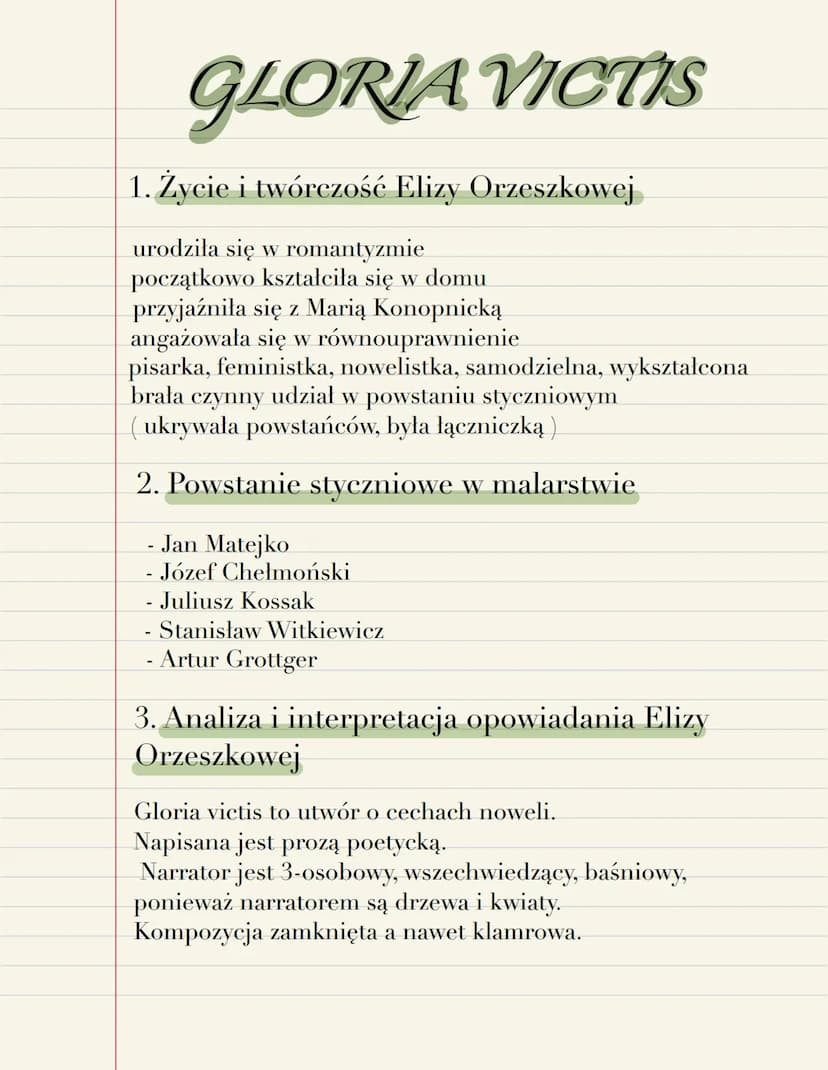 GLORIA VICTIS
1. Życie i twórczość Elizy Orzeszkowej
urodziła się w romantyzmie
początkowo kształciła się w domu
przyjaźniła się z Marią Kon