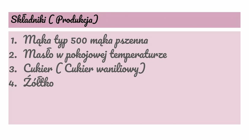 Ciasto kruche - półkruche
Zuzia Michalska kl.3gtb Składniki (Produkcja)
1. Maka typ 500 mąka pszenna
2. Masło w pokojowej temperaturze
3. Cu