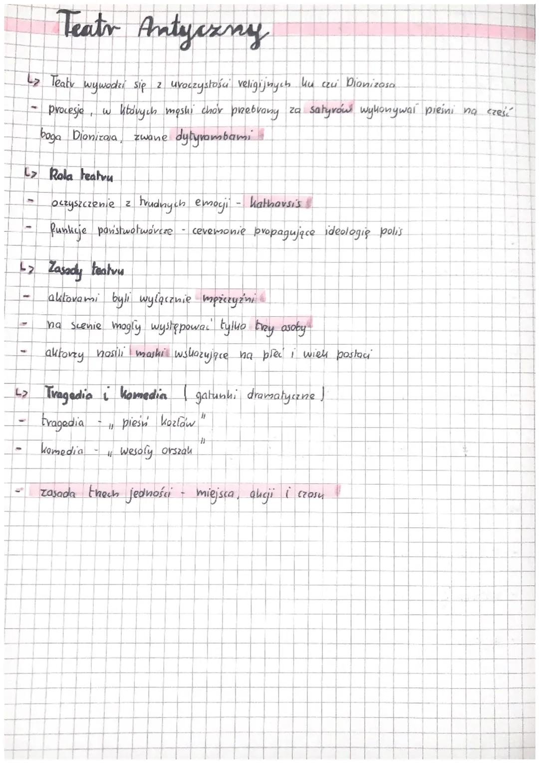 Teatr Antyczny
<> Teatr wywodzi się z uroczystości veligijnych ku czci Dionizosa
procesje, w których moshi chor przebrany za satyrów wykonyw