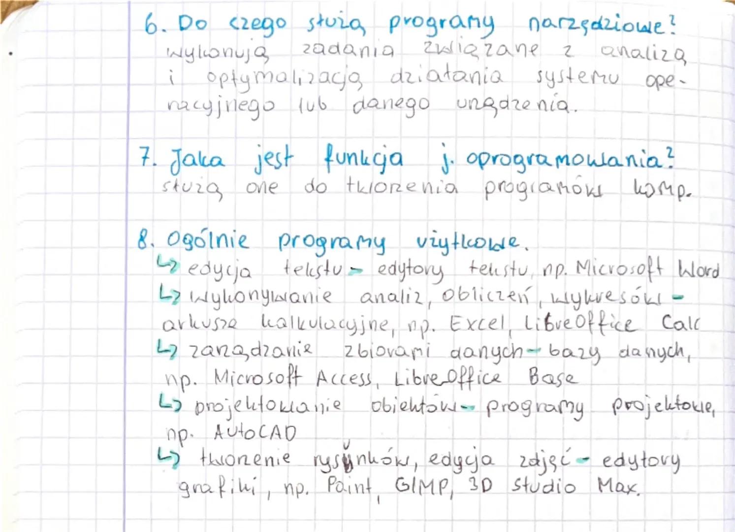 SYSTEMY OPERACYJNE I
INNE
OPROGRAMOWANIE
1. Jakie funkcje pełni syst. operacyjny?
• pośredniczy pomiędzy użytkownikiem i kompu-
oraz program