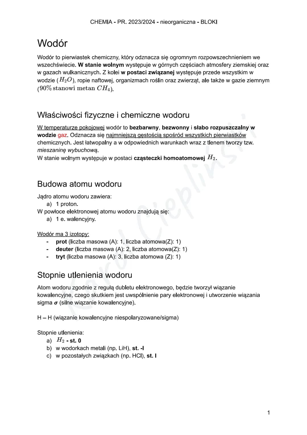 CHEMIA - PR. 2023/2024 - nieorganiczna - BLOKI
Wodór
Wodór to pierwiastek chemiczny, który odznacza się ogromnym rozpowszechnieniem we
wszec