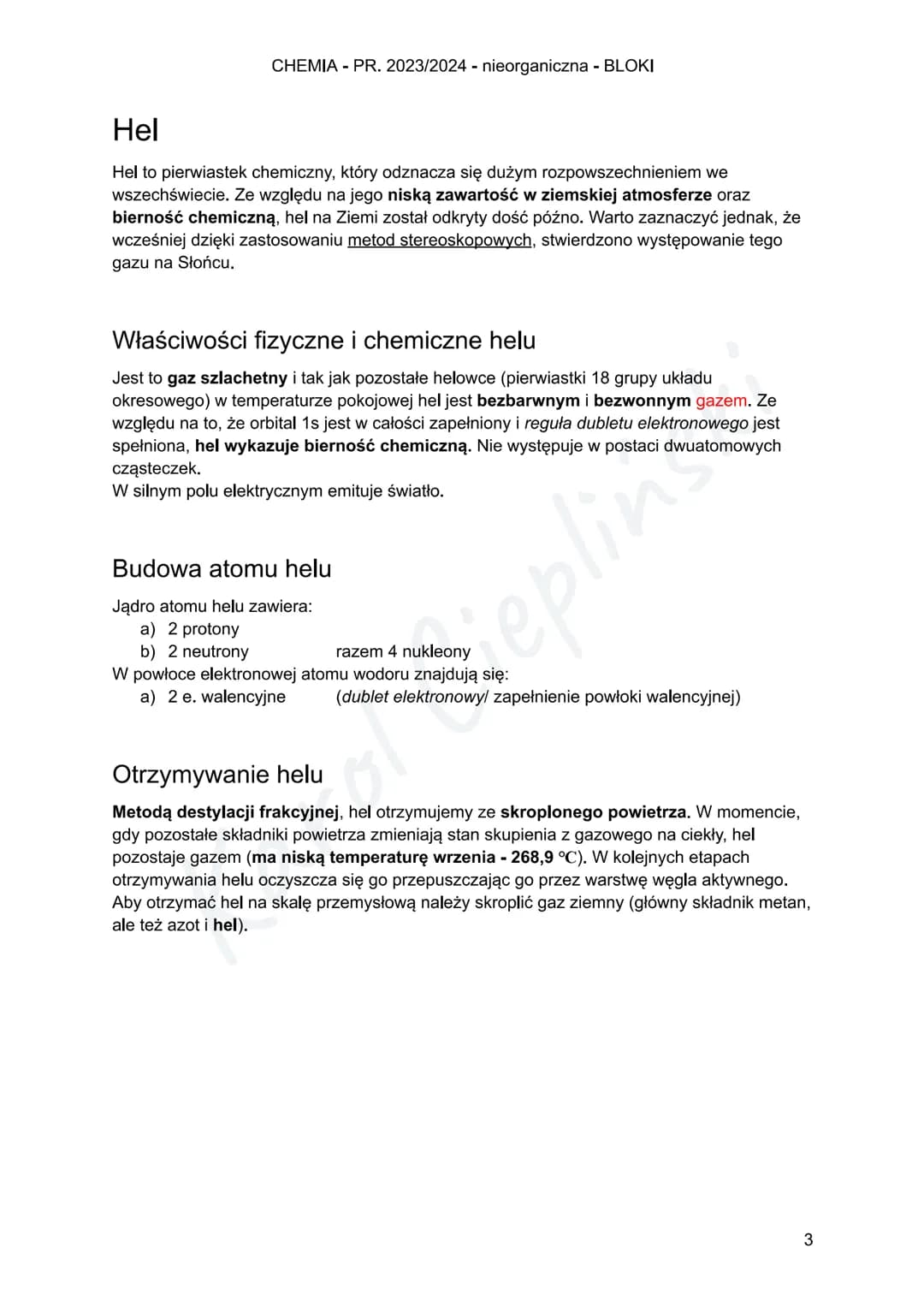 CHEMIA - PR. 2023/2024 - nieorganiczna - BLOKI
Wodór
Wodór to pierwiastek chemiczny, który odznacza się ogromnym rozpowszechnieniem we
wszec