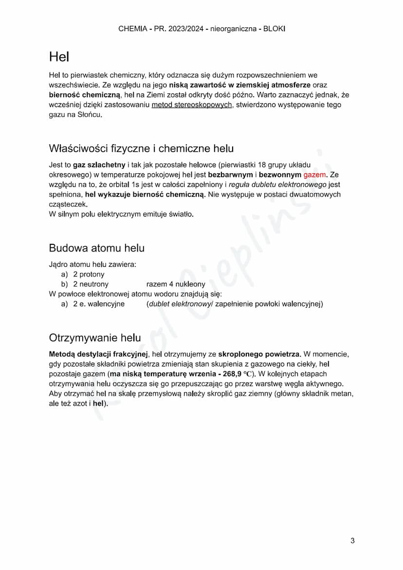CHEMIA - PR. 2023/2024 - nieorganiczna - BLOKI
Wodór
Wodór to pierwiastek chemiczny, który odznacza się ogromnym rozpowszechnieniem we
wszec