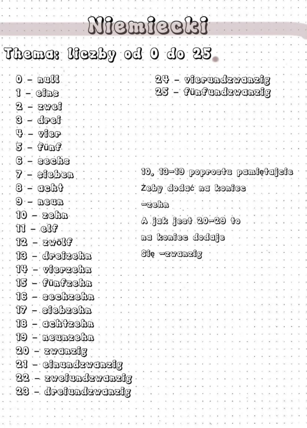 Niemiecki
Thema: liczby od 0 do 25
0 null
1- eins
2 - zwei
3- drei
4.- vier
5 - fünf
6- sechs
7 - sieben
8
acht
9
neun
10 - zehn
11 - elf
12