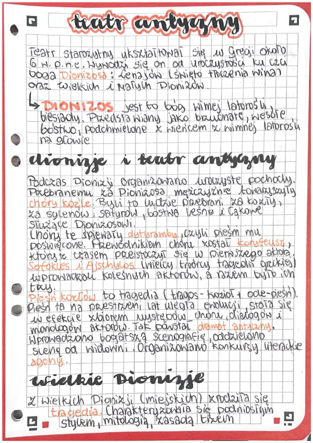 hatr antyczny
Teatr starożytny ukształtował się w Gregi okolo
6 w. p.n.e. Wywodzi się on od uroczystości ku czci
boga Dionizosa: Lenajów (Św
