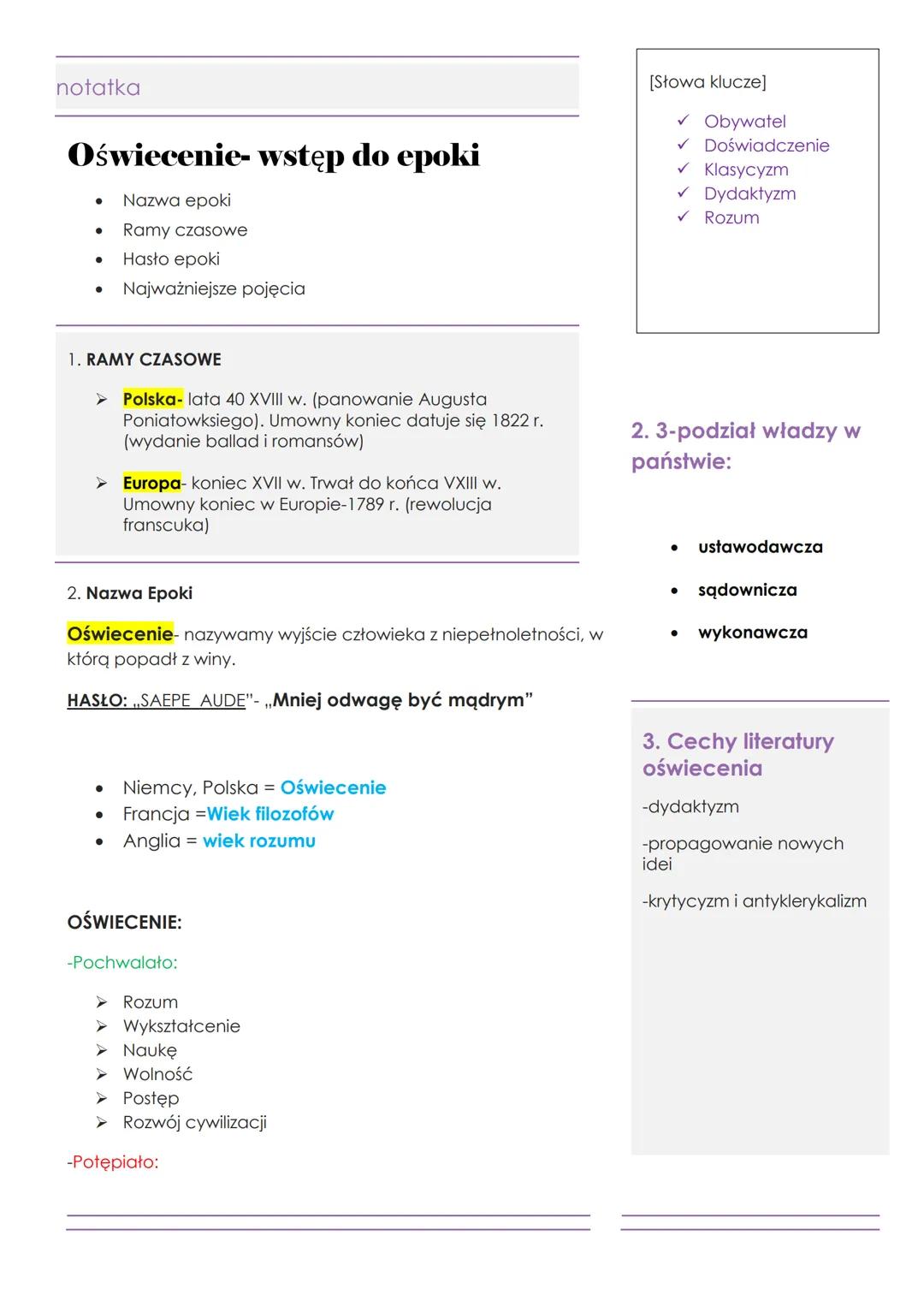 notatka
Oświecenie- wstęp do epoki
Nazwa epoki
• Ramy czasowe
[Słowa klucze]
✓ Obywatel
✓ Doświadczenie
✓ Klasycyzm
✓ Dydaktyzm
✓ Rozum
•
Ha