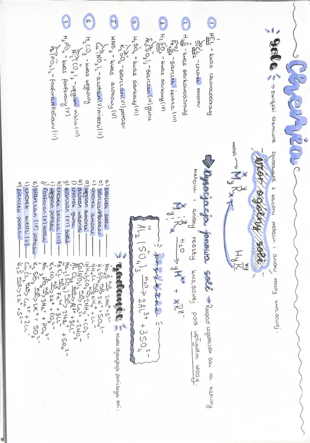 Chenia
-
Sole's
związki chemiczne zbudowane z kationu
metalu i anionu, reszty kwasowej.
4 HCL - kwas chlorowockrowy
-chlorek strontu
2H-kwas