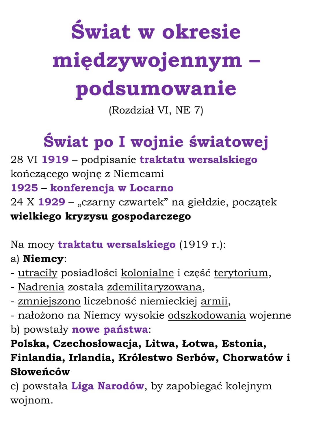 Świat w okresie
międzywojennym -
podsumowanie
(Rozdział VI, NE 7)
Świat po I wojnie światowej
28 VI 1919 - podpisanie traktatu wersalskiego
