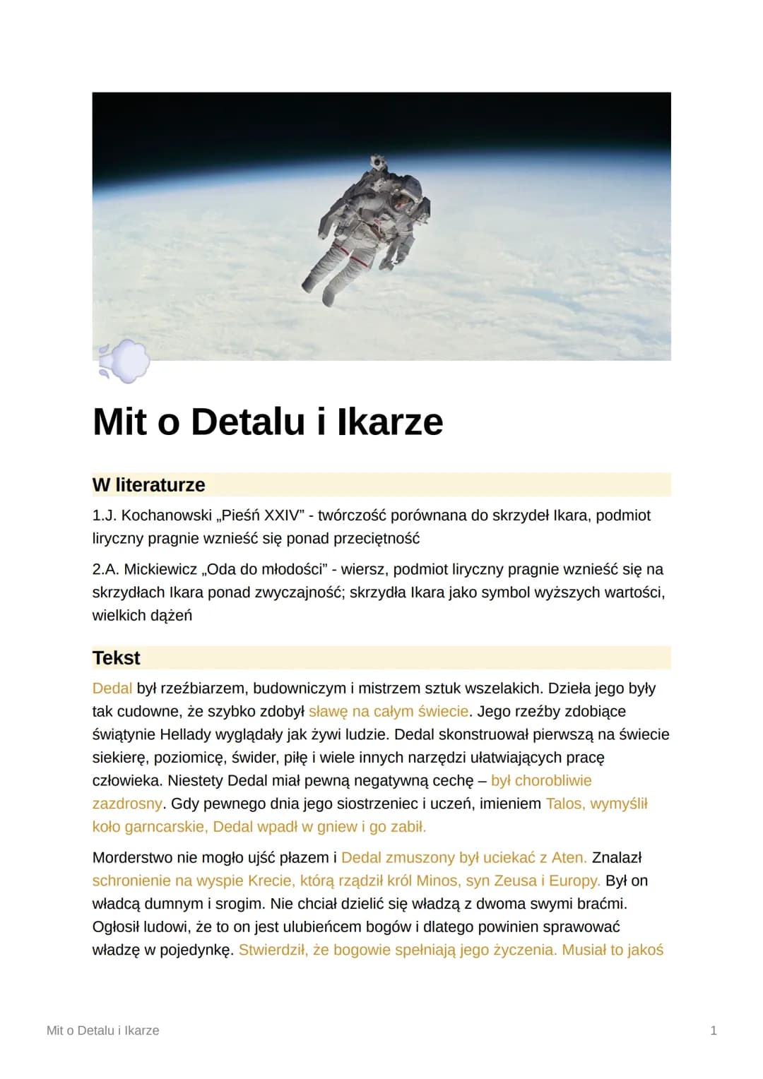 Mit o Detalu i Ikarze
W literaturze
1.J. Kochanowski ,,Pieśń XXIV" - twórczość porównana do skrzydeł Ikara, podmiot
liryczny pragnie wznieść