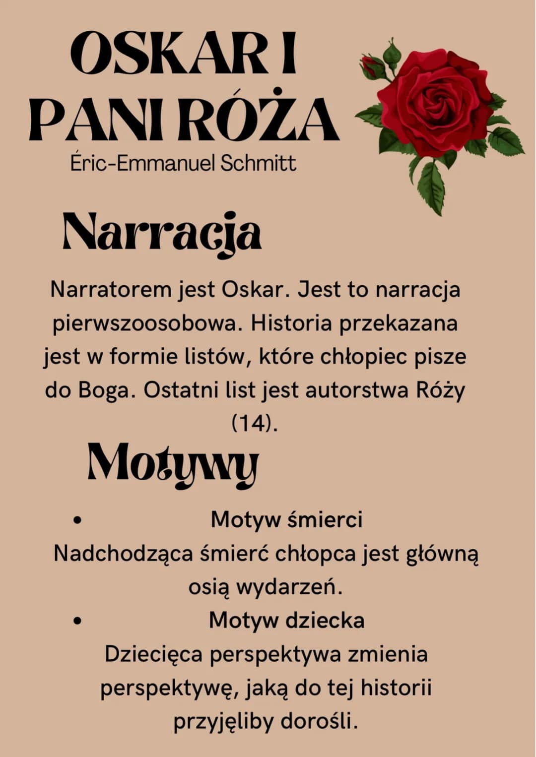OSKARI
PANI RÓŻA
Eric-Emmanuel Schmitt
Narracja
Narratorem jest Oskar. Jest to narracja
pierwszoosobowa. Historia przekazana
jest w formie l
