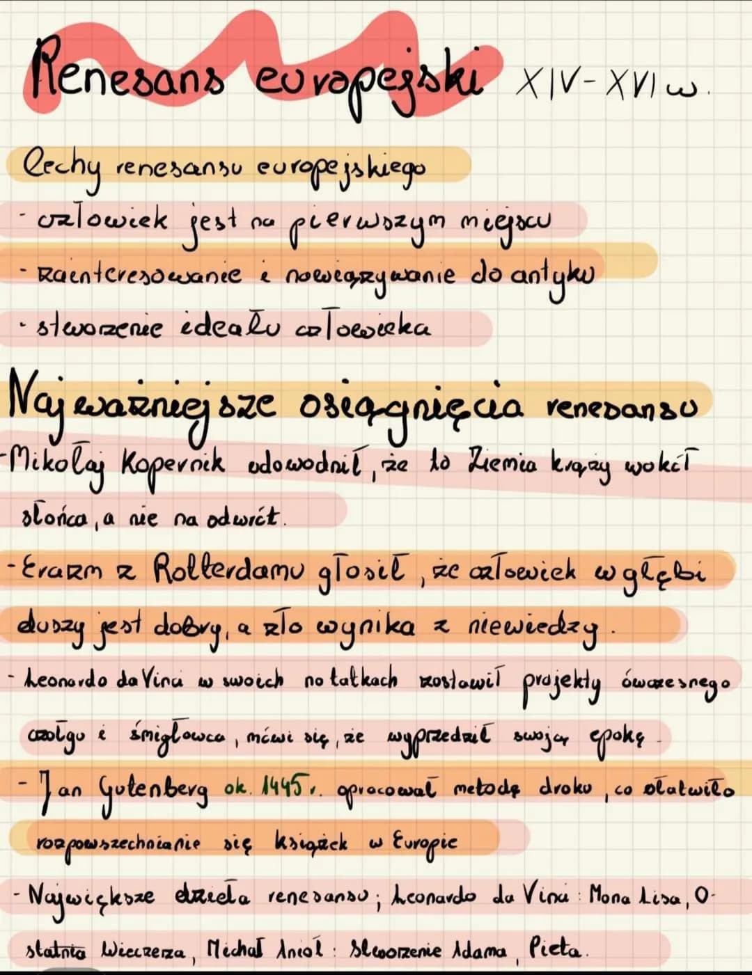 Renesans europejski XIV-XVI w
lechy
renesansu europejskiego
ozlowiek jest na pierwszym miejscu
- Rainteresowanie i nowiązywanie do antyku
• 