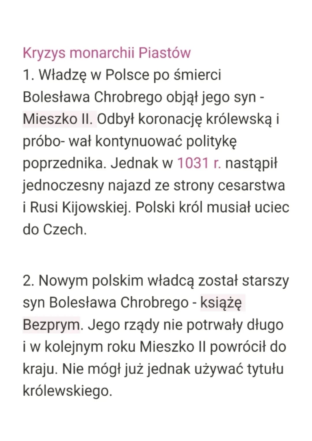 Kryzys monarchii Piastów
1. Władzę w Polsce po śmierci
Bolesława Chrobrego objął jego syn -
Mieszko II. Odbył koronację królewską i
próbo-wa