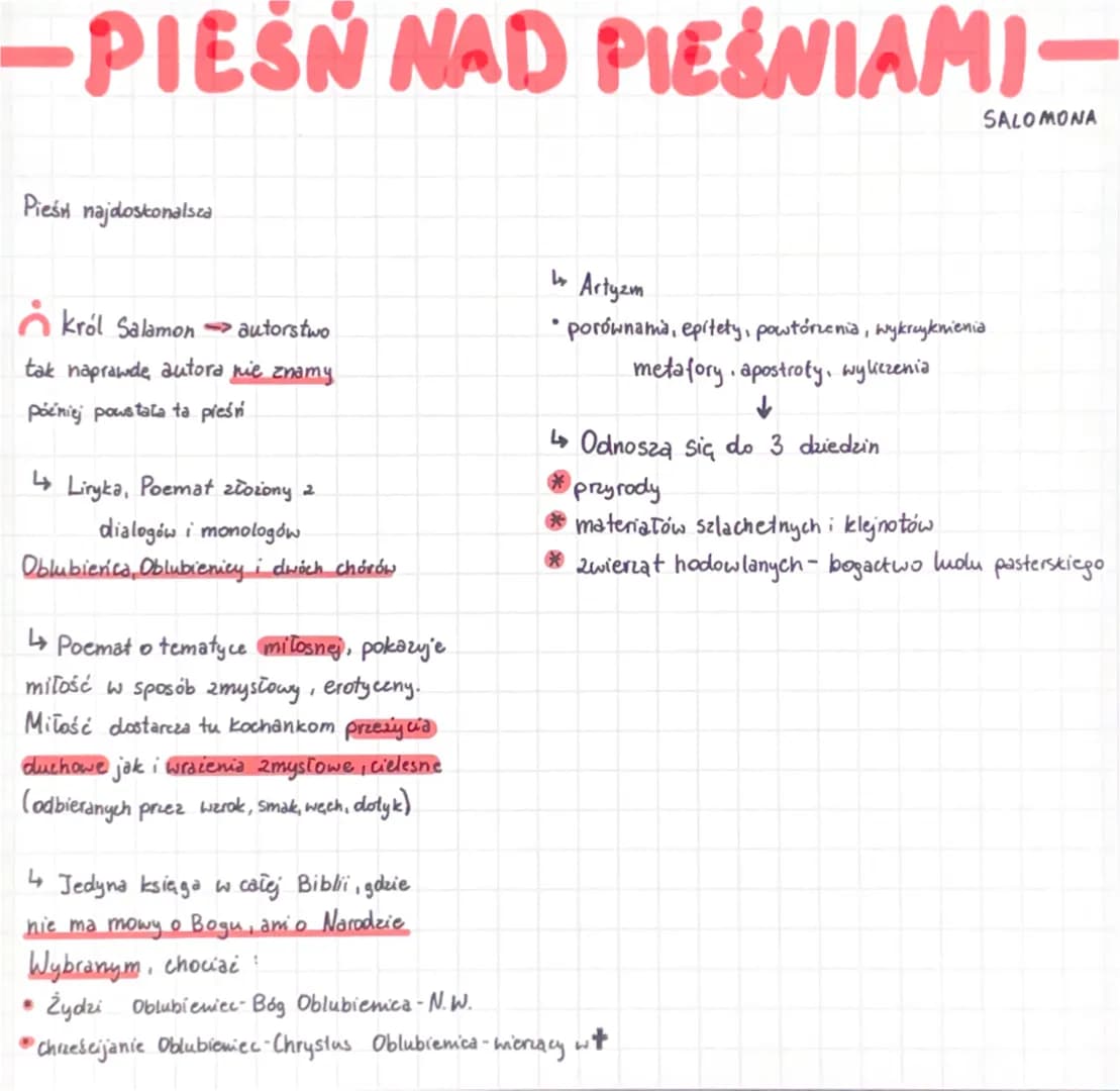 PIESN NAD PIEŚNIAMI—
Pieśń najdoskonalsza
król Salamon autorstwo
tak naprawde autora nie znamy
później powstała ta pieśń
↳ Liryka, Poemat zł