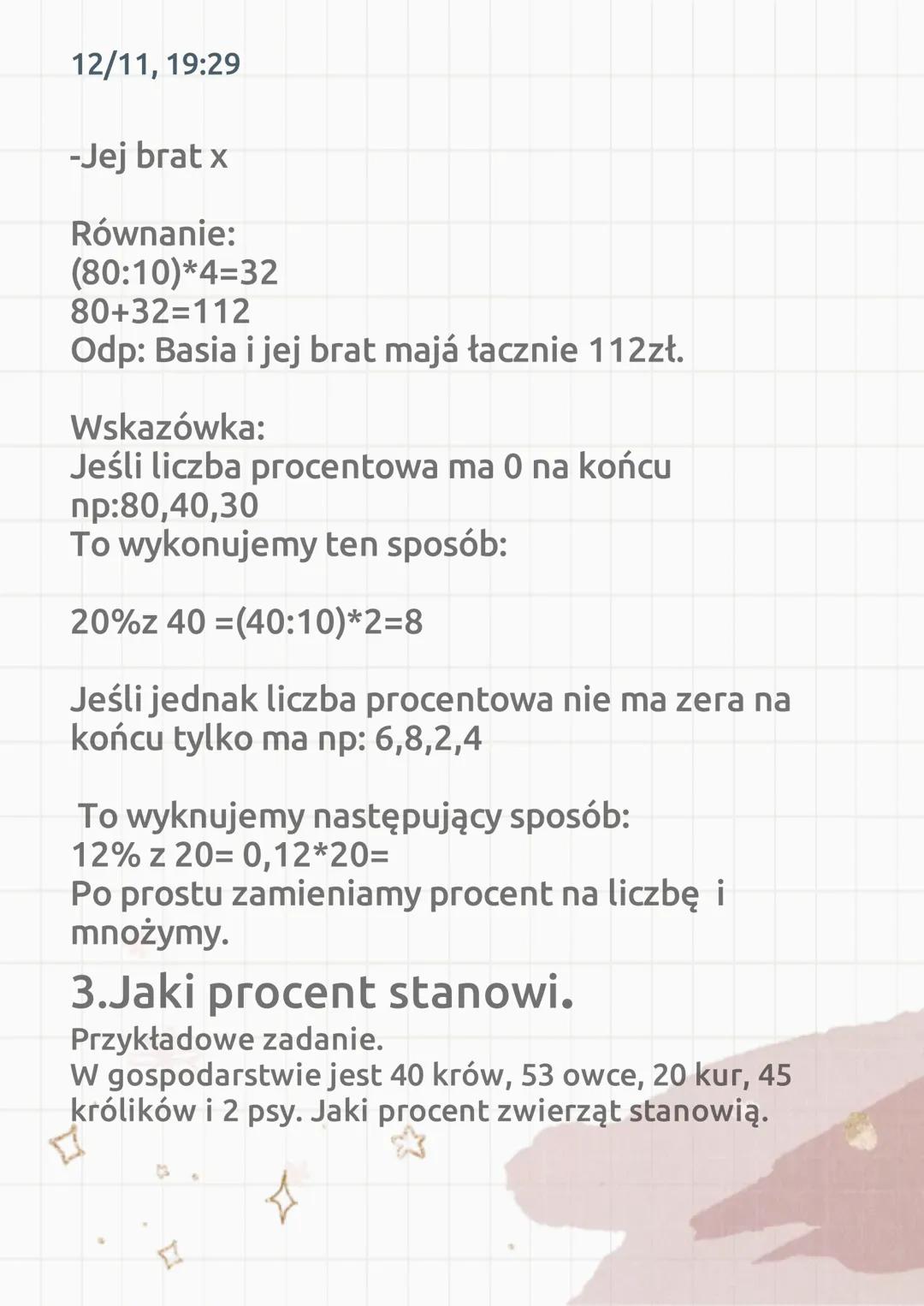 12/11, 19:29

12
34 Procenty 34

1.Procenty, liczby i promile.

•Z liczby na procent mnożymy przez 100 czyli
przecinek idzie w

A przy dziel
