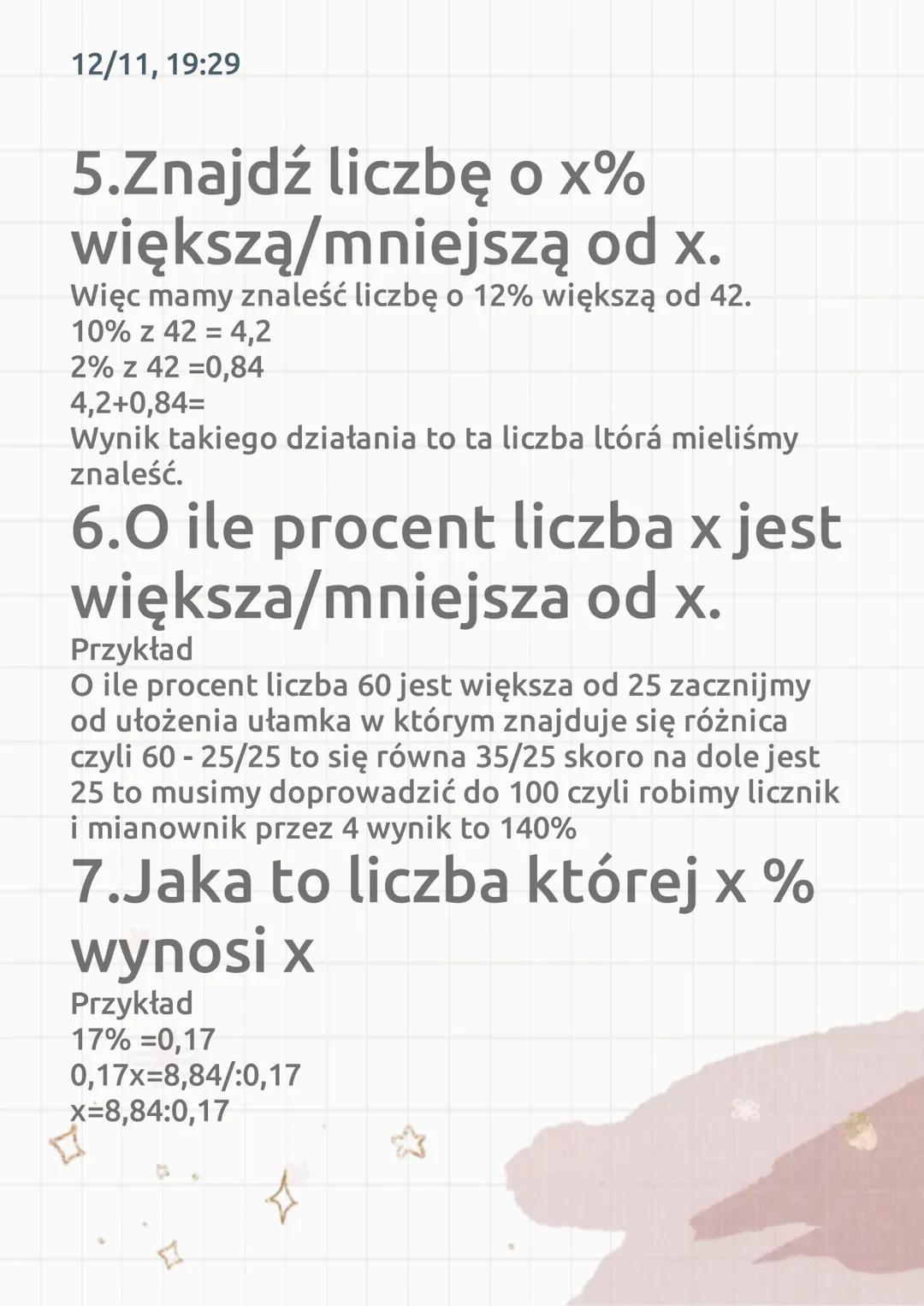 12/11, 19:29

12
34 Procenty 34

1.Procenty, liczby i promile.

•Z liczby na procent mnożymy przez 100 czyli
przecinek idzie w

A przy dziel