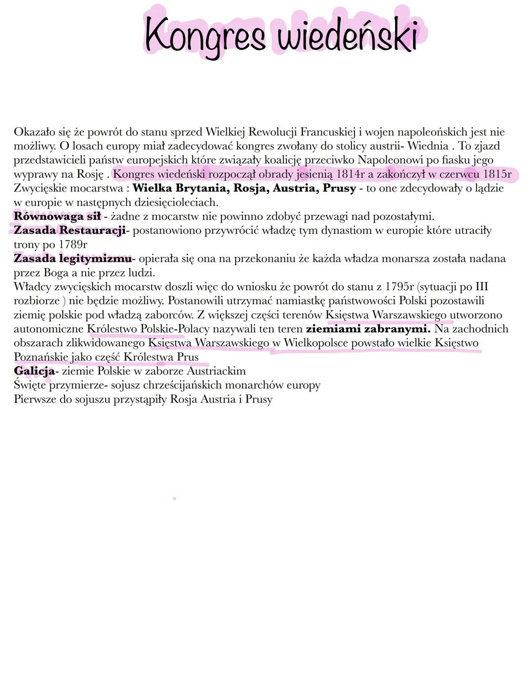 # Kongres wiedeński

Okazało się że powrót do stanu sprzed Wielkiej Rewolucji Francuskiej i wojen napoleońskich jest nie
możliwy. O losach e