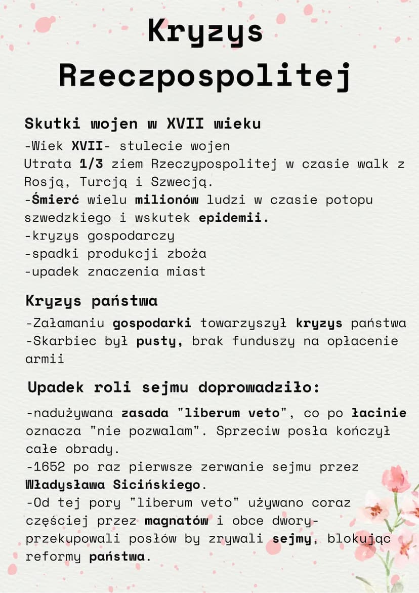 Kryzys
Rzeczpospolitej
Skutki wojen w XVII wieku
-Wiek XVII- stulecie wojen
Utrata 1/3 ziem Rzeczypospolitej w czasie walk z
Rosją, Turcją i