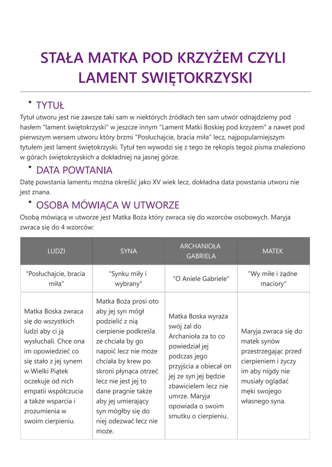 STAŁA MATKA POD KRZYŻEM CZYLI
LAMENT SWIĘTOKRZYSKI
• TYTUŁ
Tytuł utworu jest nie zawsze taki sam w niektórych źródłach ten sam utwór odnajdz