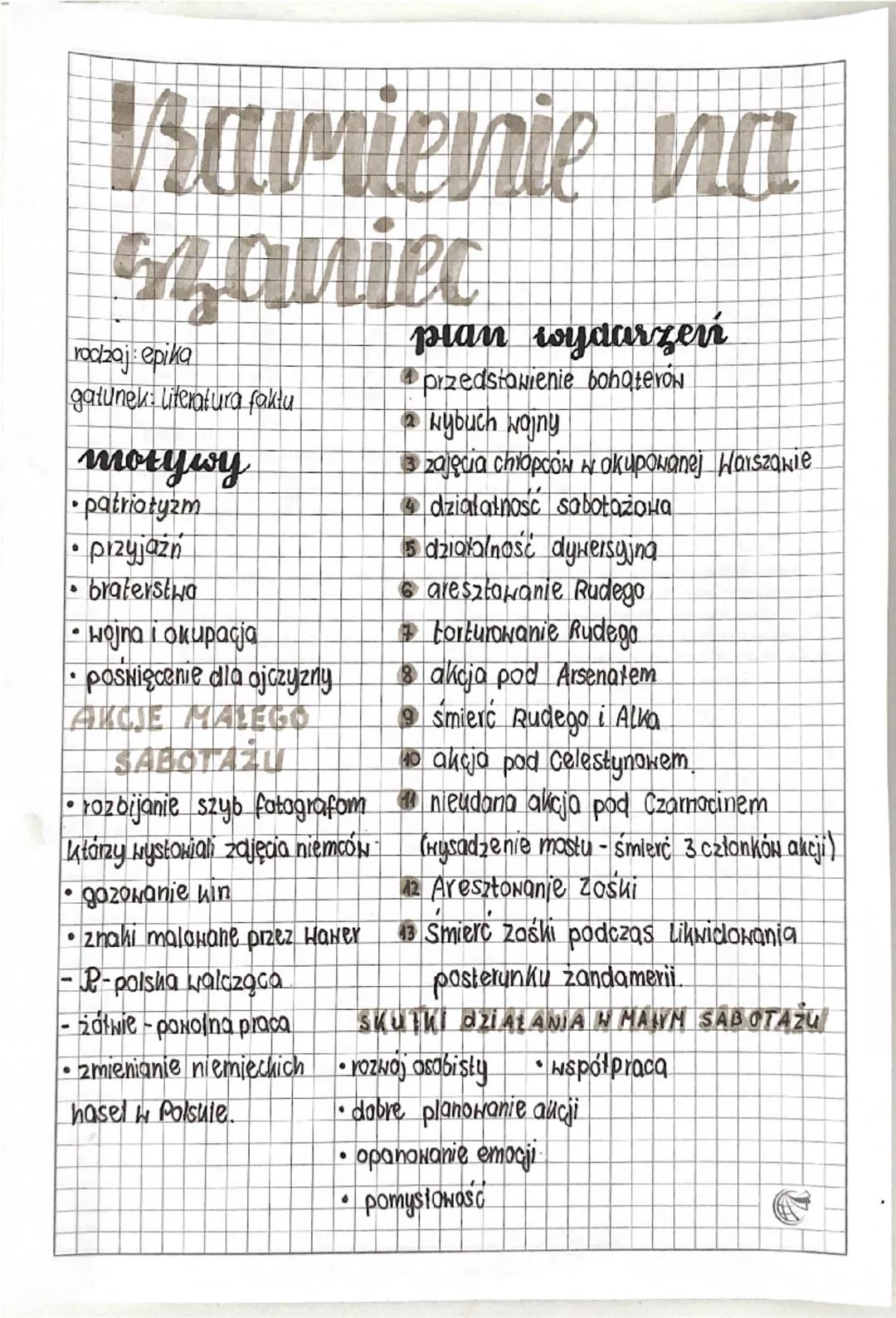 --- OCR Start ---
Bamienie na
szaniec
rodzaj: epika
gatunek: Literatura faktu
motywy
• patriotyzm
• przyjaźń
• braterstwa
• нојпа і окирасја