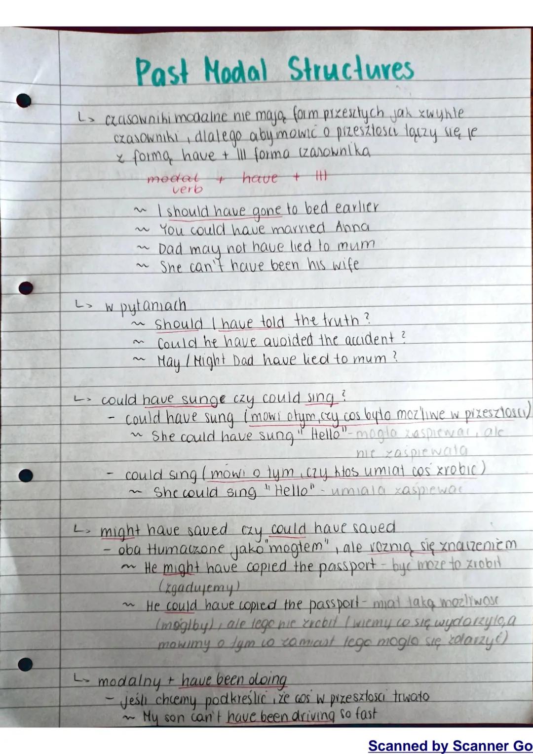 Past Modal Structures
L> czasowniki modalne nie majo, form przeszłych jak xwykle.
czasowniki, dlalego aby mowic o przeszłości tączy się je
x