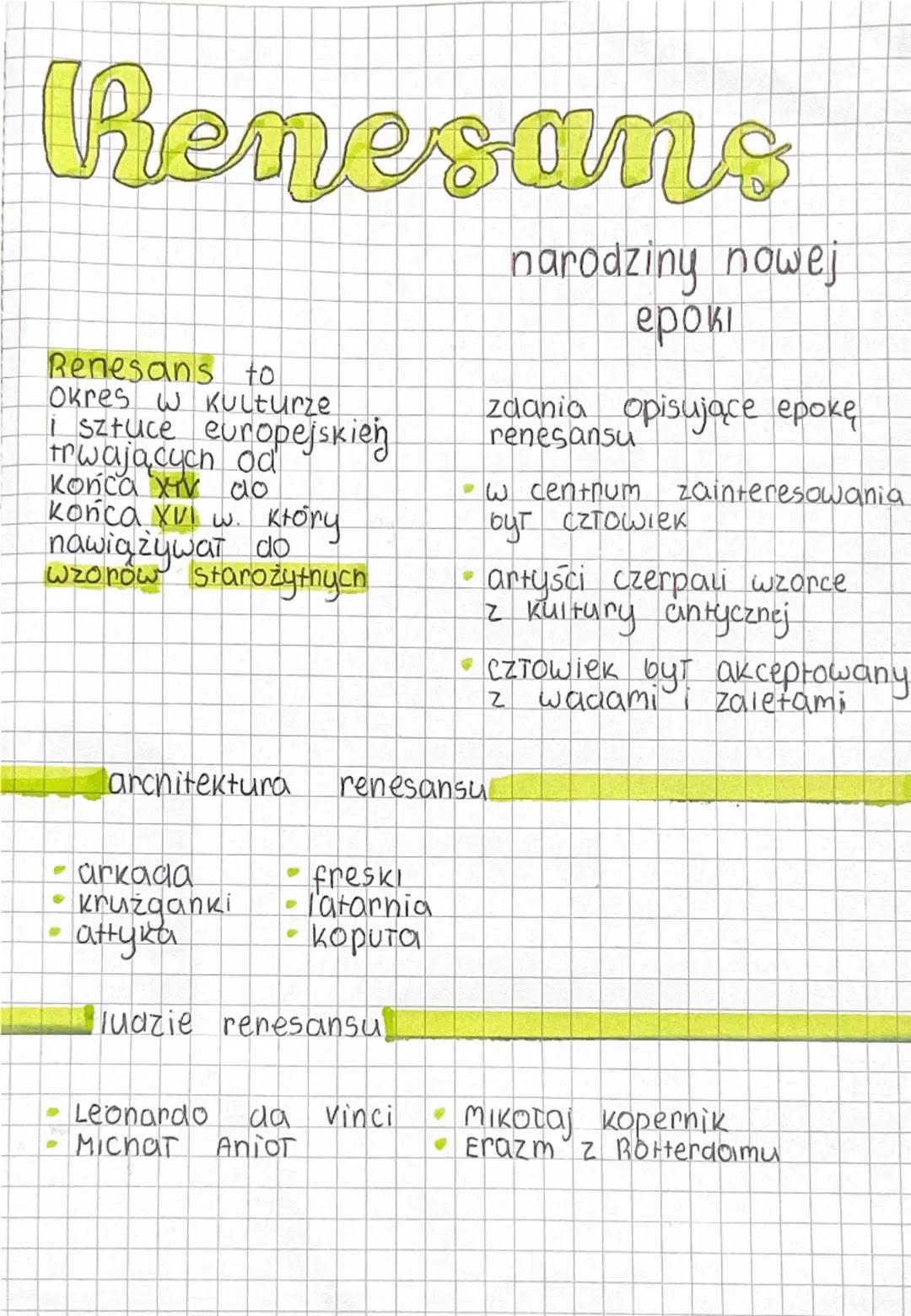 Renesans
Renesans to
Okres w kulturze
i sztuce europejskien
trwających od
końca XTV ado
końca XVI w. Ktory.
nawiązywał do
wzorów starożytnyc