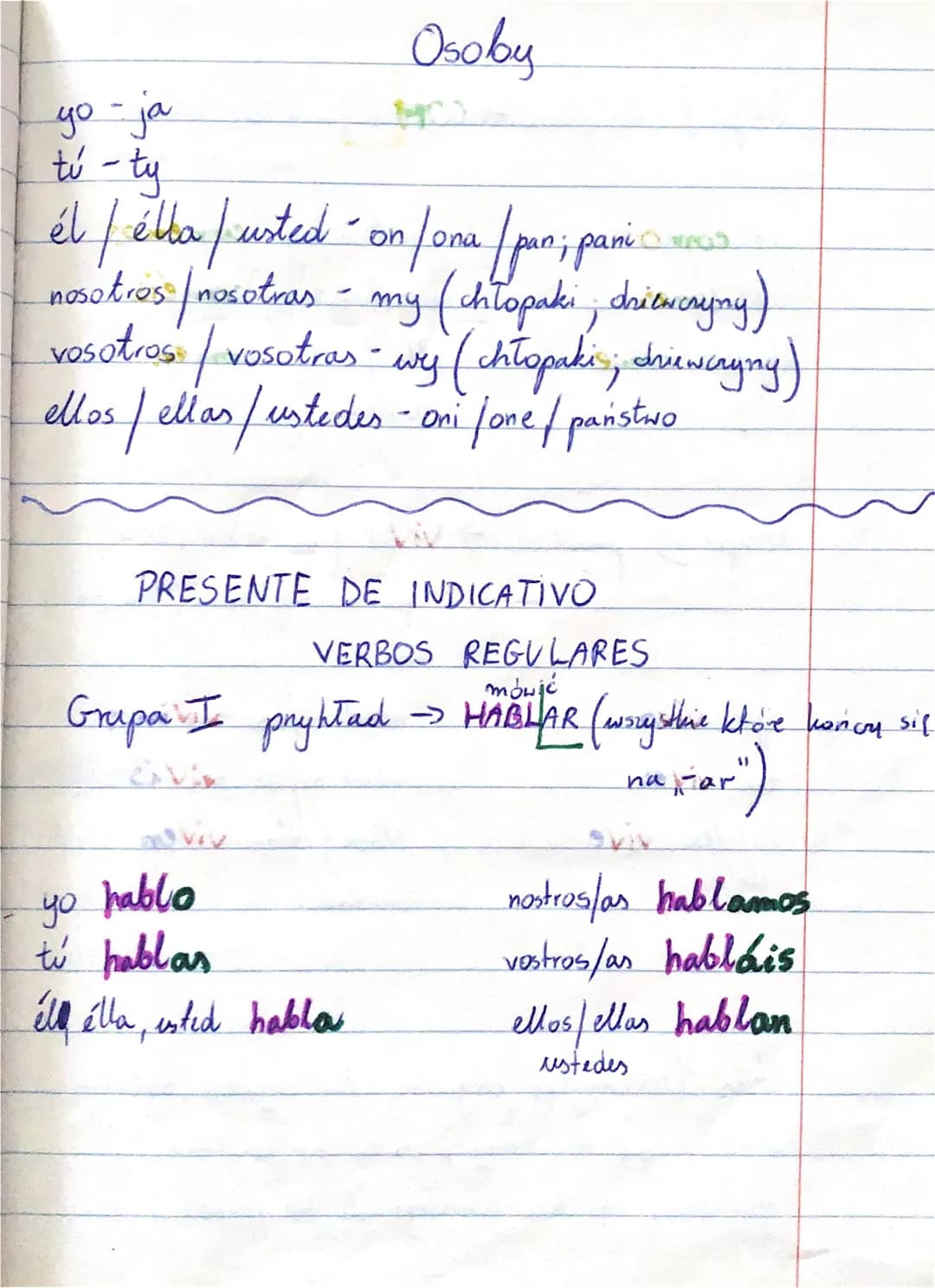 Osoby
yo-ja
tú ty
él/ella / usted - on/ona / pan; pani
nosotros / nosotras - my (chlopaki; dziewczyny)
vosotros / vosotras - wy (chłopakis; 
