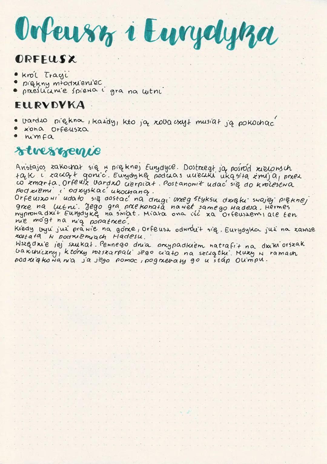 Orfeuss i Eurydyka
ORFEUSX
• Król Tragi
● piękny młodzieniec
presunie śpiewa i
EURYDYKA
gra na utni
• vardzo piękna, każdy, kto ją zobaczyt 