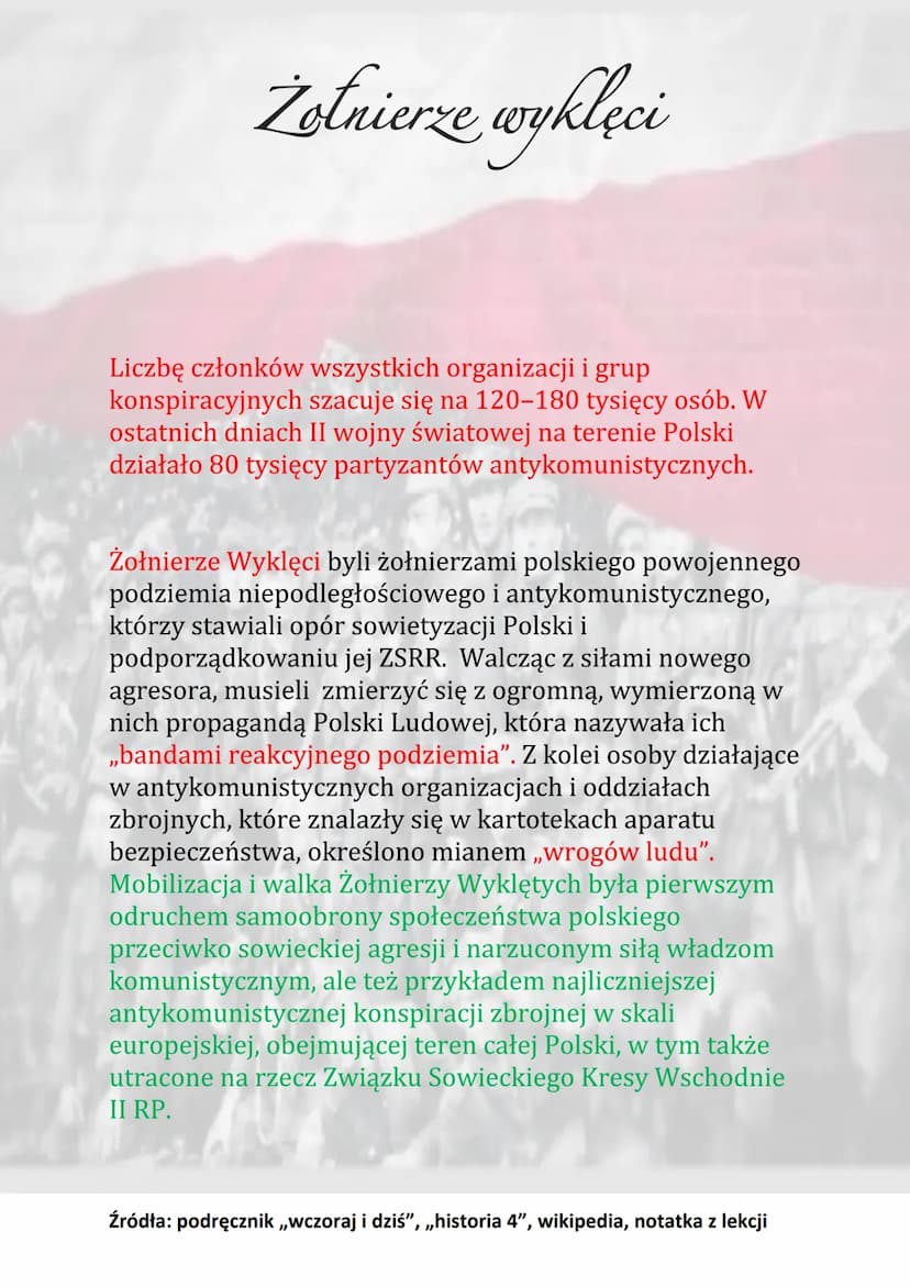 Żołnierze wyklęci
Żołnierze wyklęci byli patriotami, spędzili najlepsze lata
życia w polskich więzieniach, torturowani i poniżani.
Żołnierze