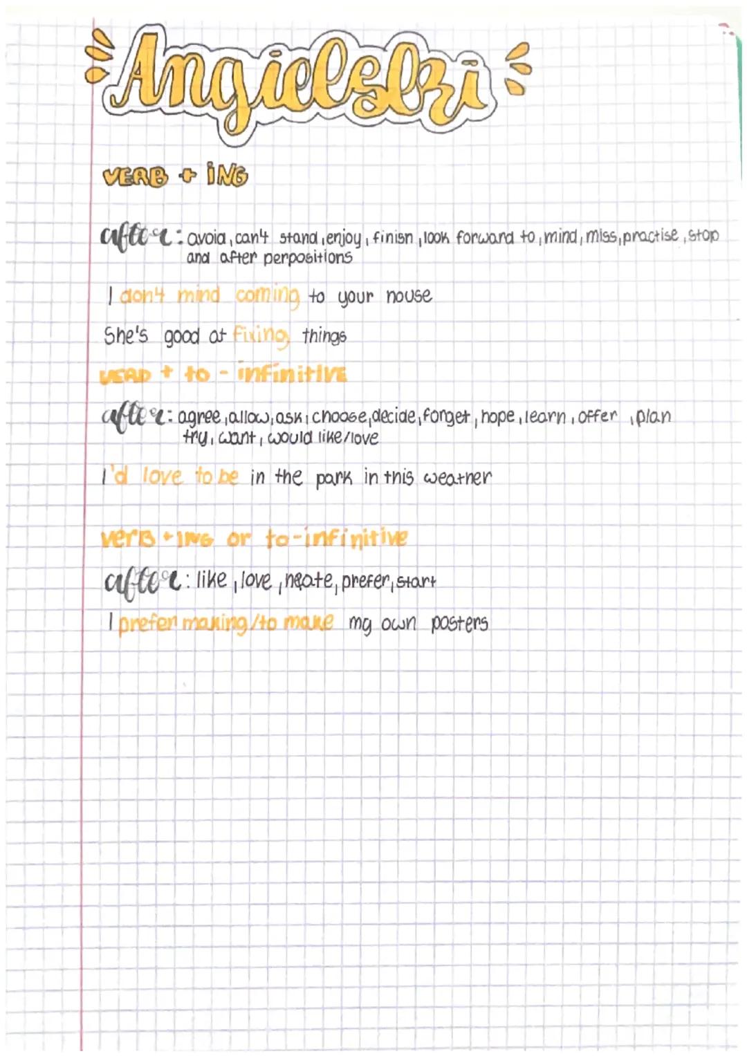 Angielsiri ³
VERB+ ING
after avoia, can't stand enjoy, finisn, look forward to mind, miss, practise, stop
and after perpositions
I don't min