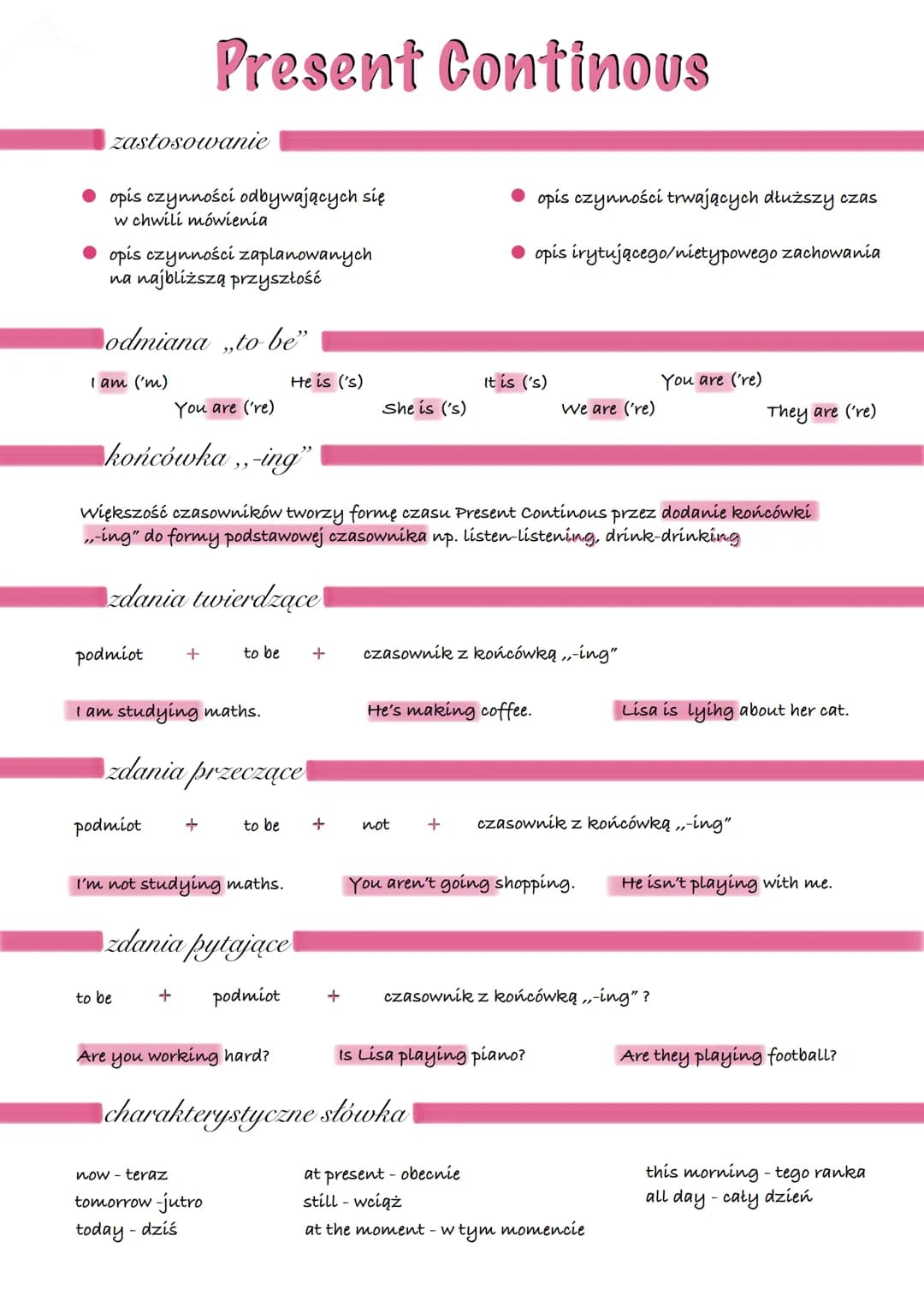 zastosowanie
opis czynności odbywających się
w chwili mówienia
Present Continous
opis czynności zaplanowanych
na najbliższą przyszłość
odmia