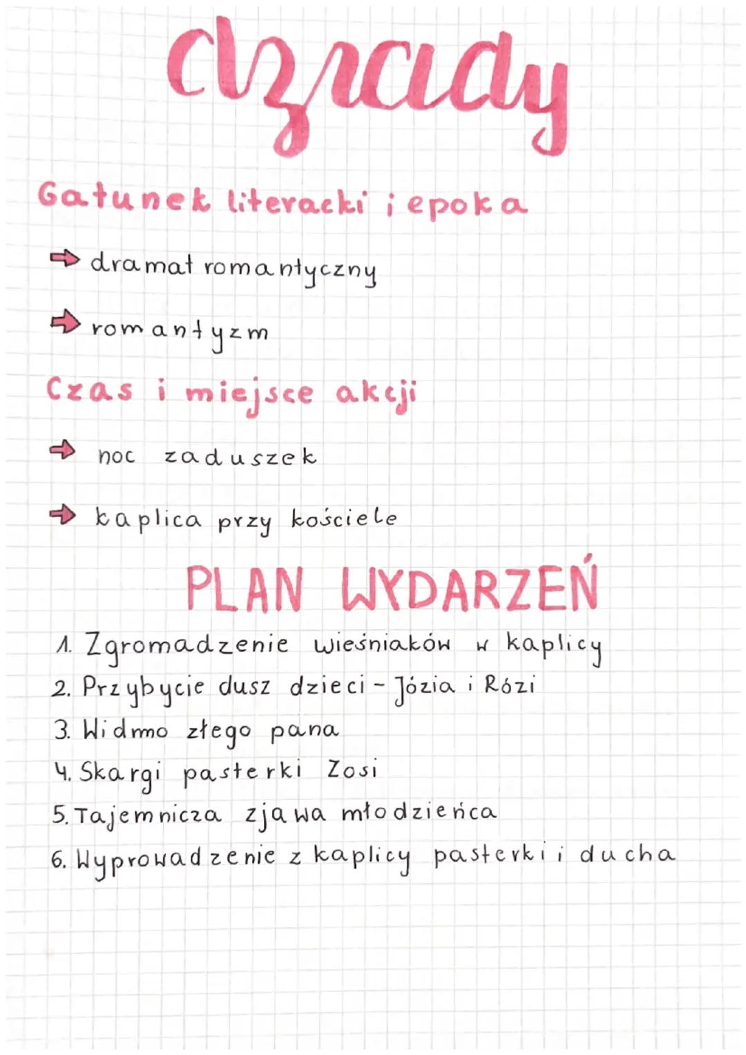 azrady
Gatunek literacki i epoka
➡dramat romantyczny
romantyzm
Czas i miejsce akcji
noc zaduszek
kaplica przy kościele
PLAN WYDARZEŃ
W
1. Zg