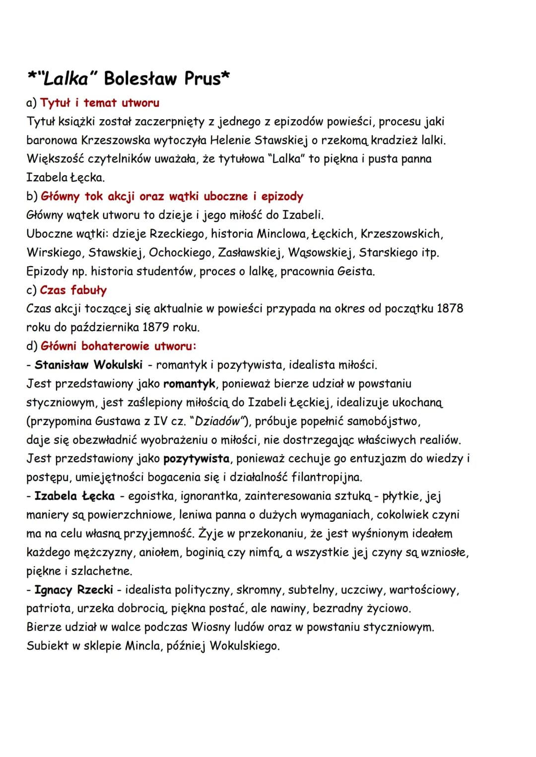*"Lalka" Bolesław Prus*
a) Tytuł i temat utworu
Tytuł książki został zaczerpnięty z jednego z epizodów powieści, procesu jaki
baronowa Krzes