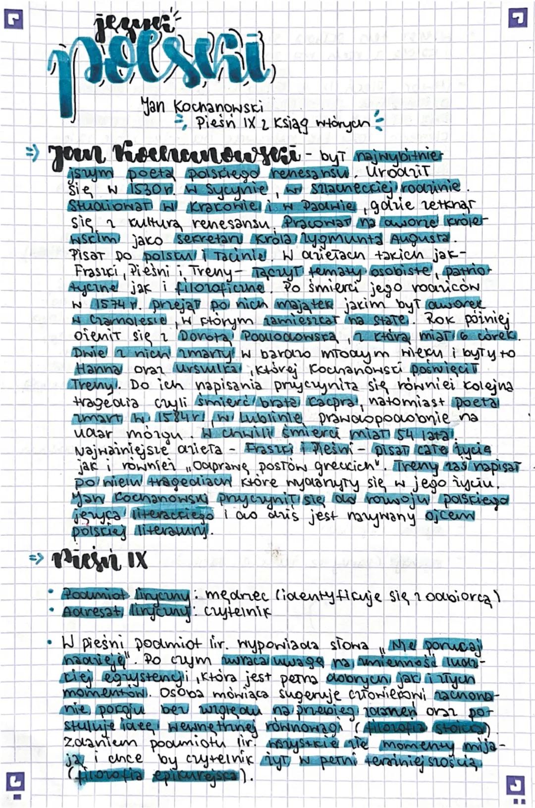 jezni
pelsei
Yan Kochanowski
Pieśń IX 2 ksiąg wtórych
=> Jan Koceramoseci - był najwybitnier
jszym poeta polskiego renesansu. Urodził
się w 