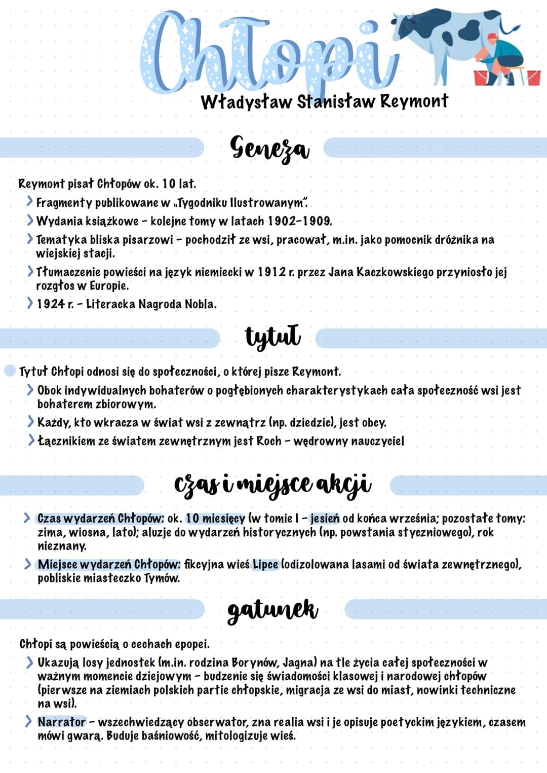 Chłopis
Władysław Stanisław Reymont
Genera
Reymont pisał Chłopów ok. 10 lat.
Fragmenty publikowane w Tygodniku Ilustrowanym".
> Wydania ksią