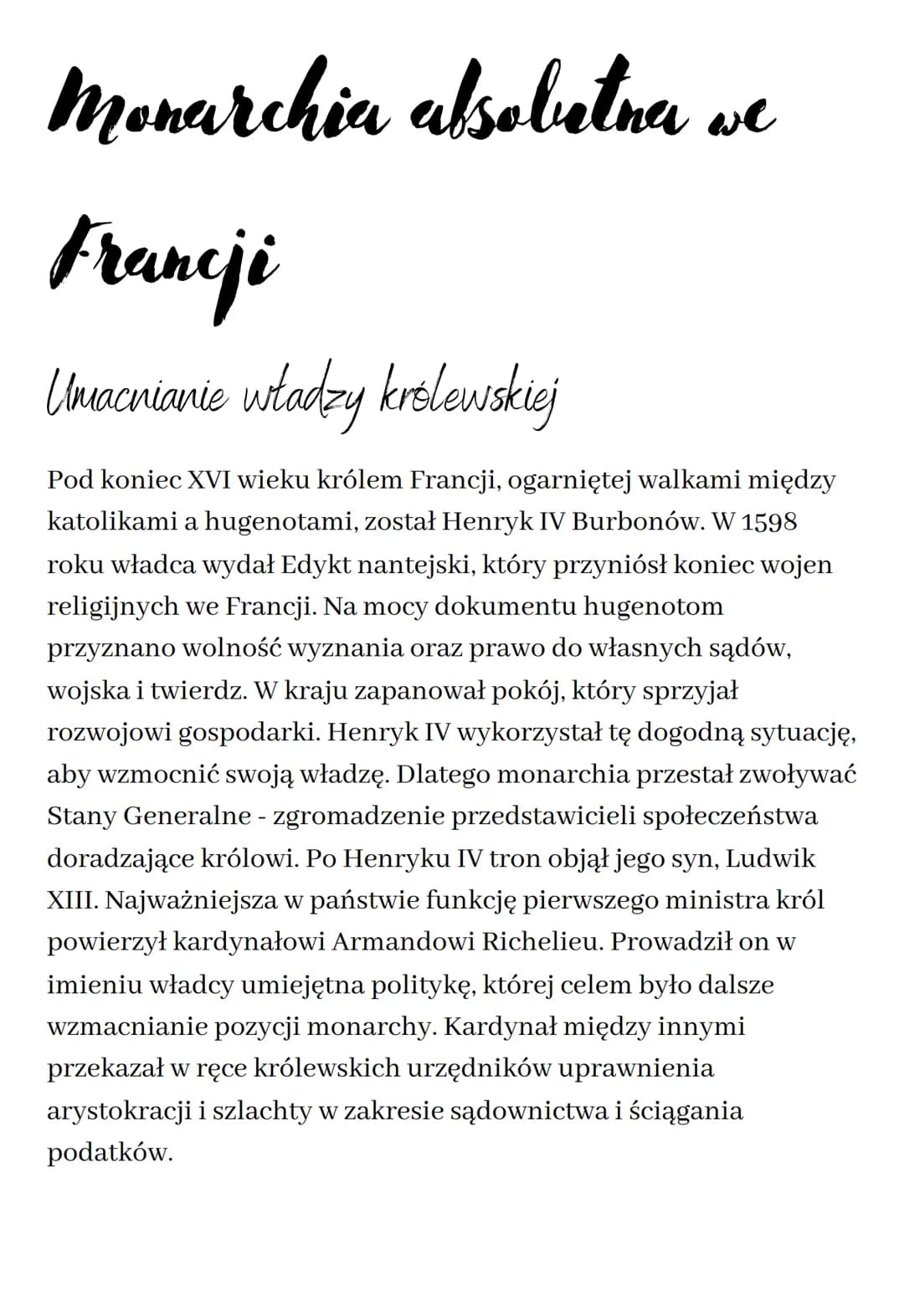 Monarchia alsobetna we
Francji
Umacnianie władzy królewskiej
Pod koniec XVI wieku królem Francji, ogarniętej walkami między
katolikami a hug