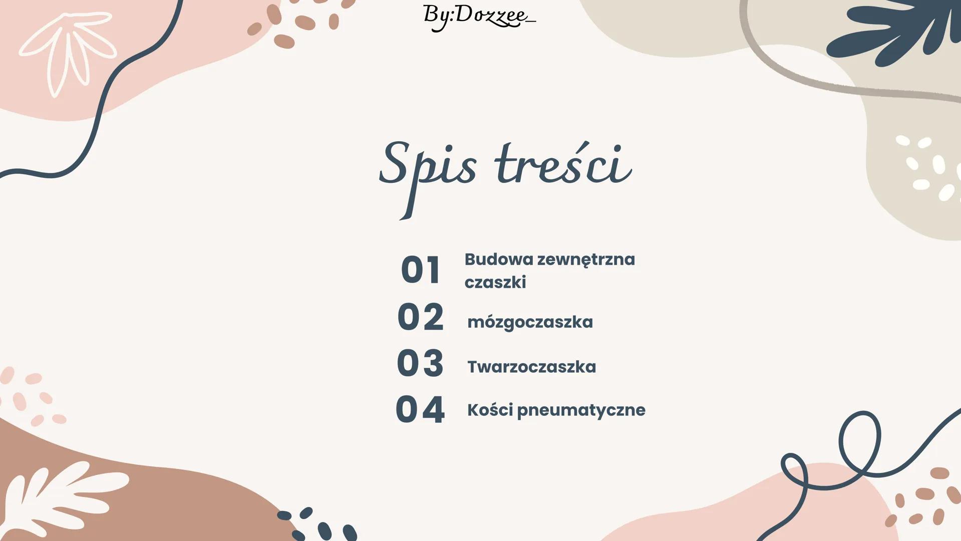 By:Doxzee

Czaszka By:Dozzee

# Spis treści

01 Budowa zewnętrzna
czaszki

02 mózgoczaszka

03 Twarzoczaszka

04 Kości pneumatyczne By:Dozze