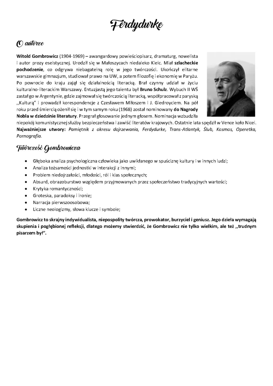 Ferdydurke - Opracowanie i Streszczenie do Matury PDF