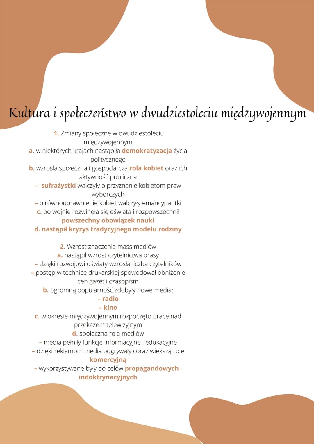 Kultura i społeczeństwo w dwudziestoleciu międzywojennym
1. Zmiany społeczne w dwudziestoleciu
międzywojennym
a. w niektórych krajach nastąp