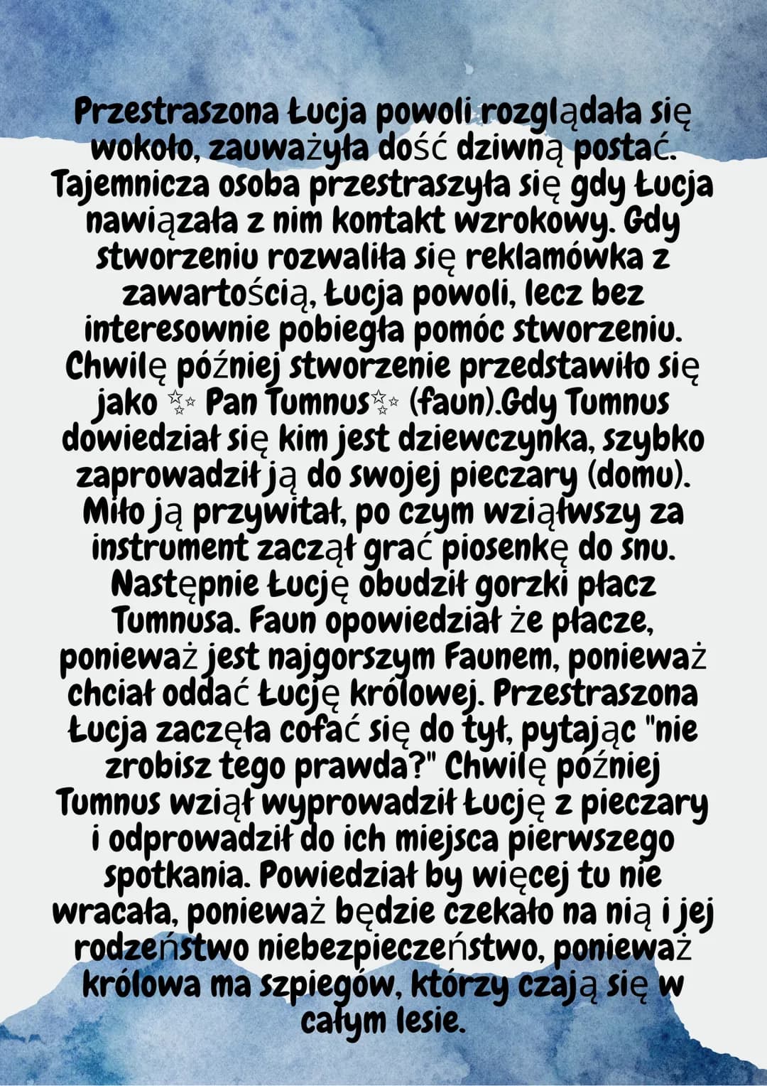 IxOpowieści z Narniix|-
POSTACIE:
x Łucja- najmłodsza z rodzeństwa,
pierwsza odkryła magiczną szafę i
do niej trafiła, poznała pana
Tumnusa 