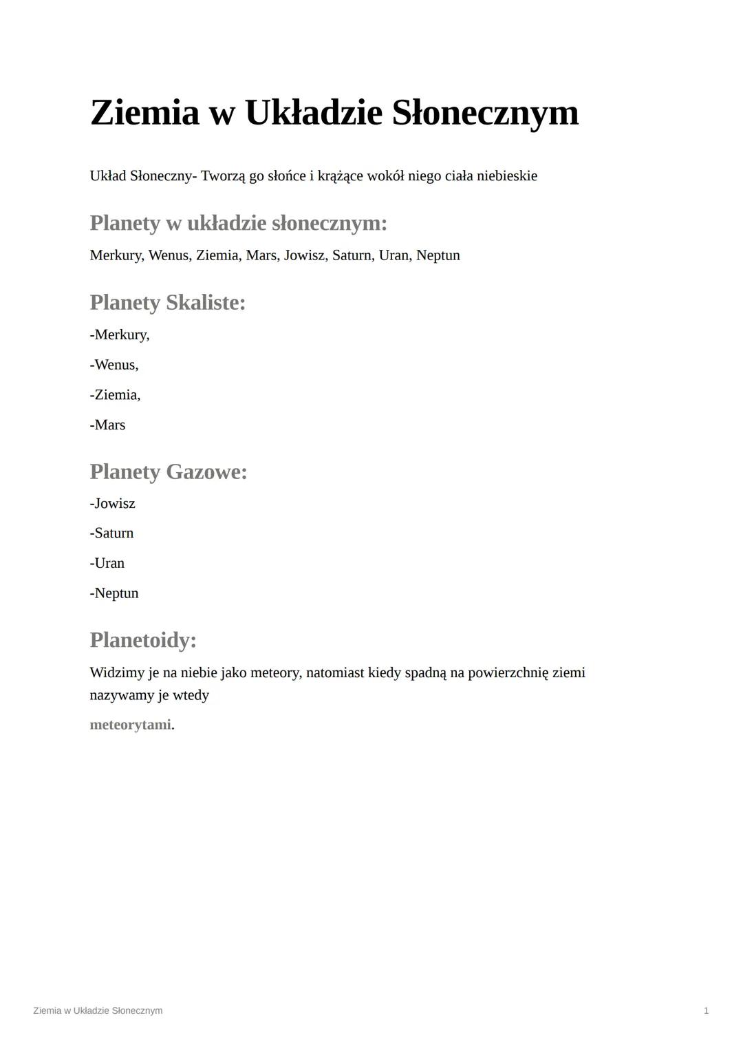 Ziemia w Układzie Słonecznym
Układ Słoneczny- Tworzą go słońce i krążące wokół niego ciała niebieskie
Planety w układzie słonecznym:
Merkury